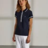 polo para mulher de algodão elástico com carcela e risca em contraste