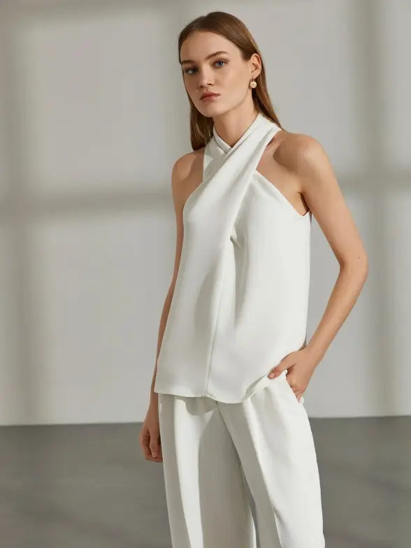 top para mulher branco sem manga com decote cruzado